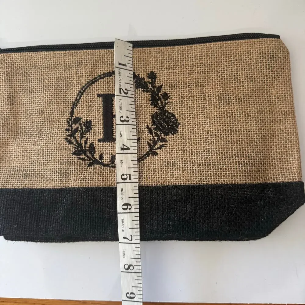 Makeup Bag Jute Cosmetic Pouch Gift Travel Case Monogram Initial R NEW